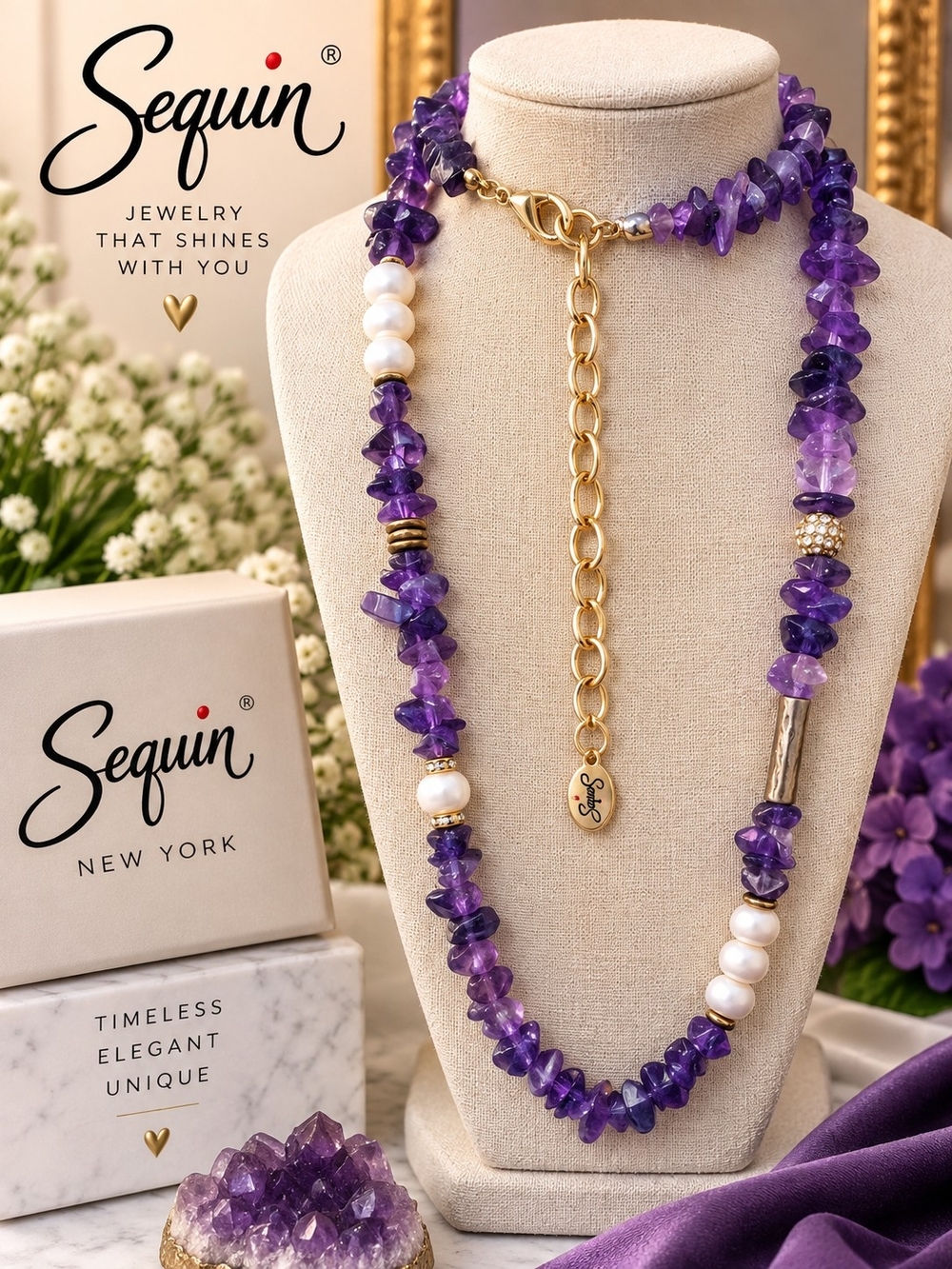 Purple Amethyst Beaded Necklace with Pearls and Gold Chain